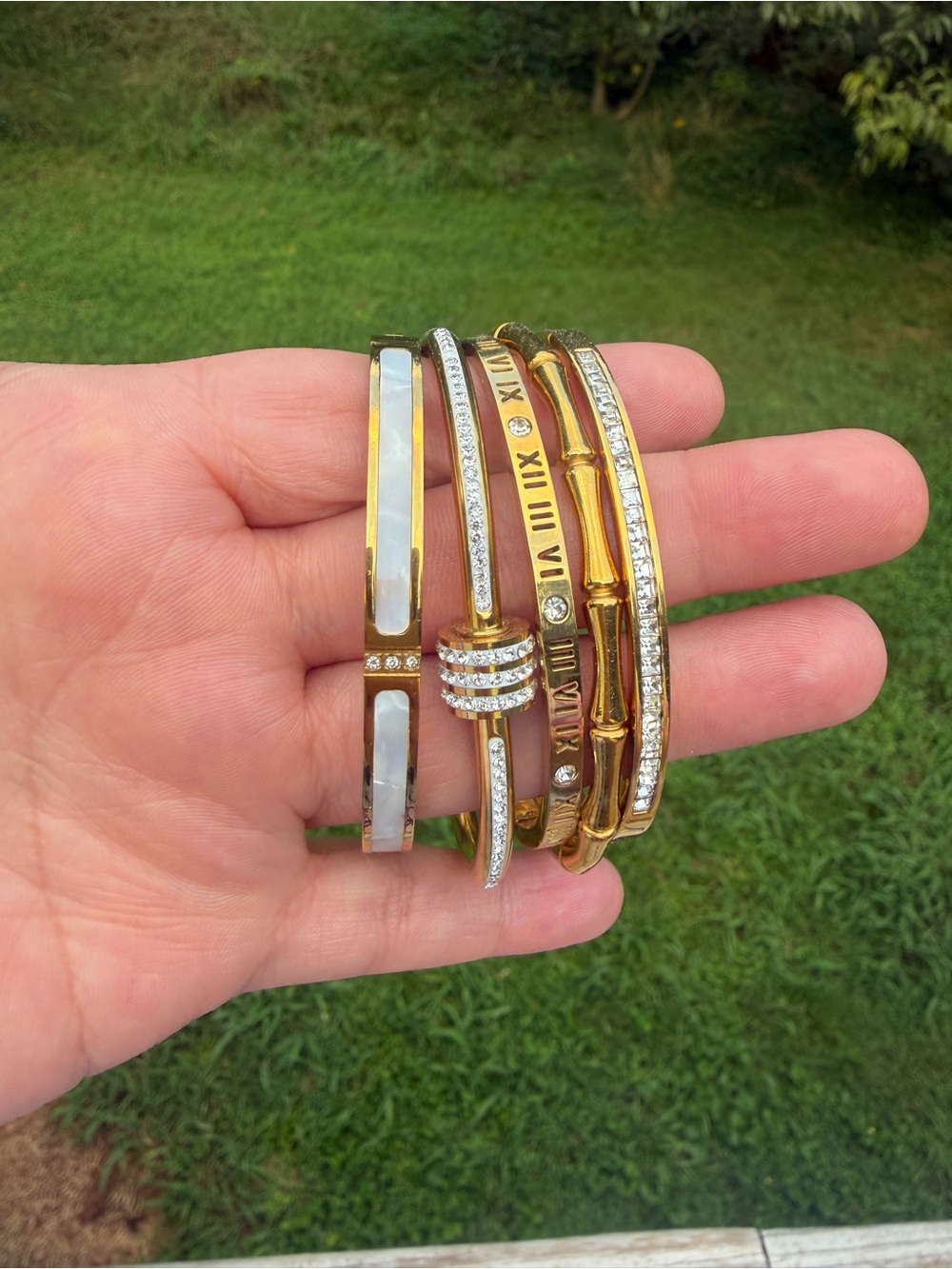Gold-Tone Stackable Crystal and Mother-of-Pearl Bangle Set